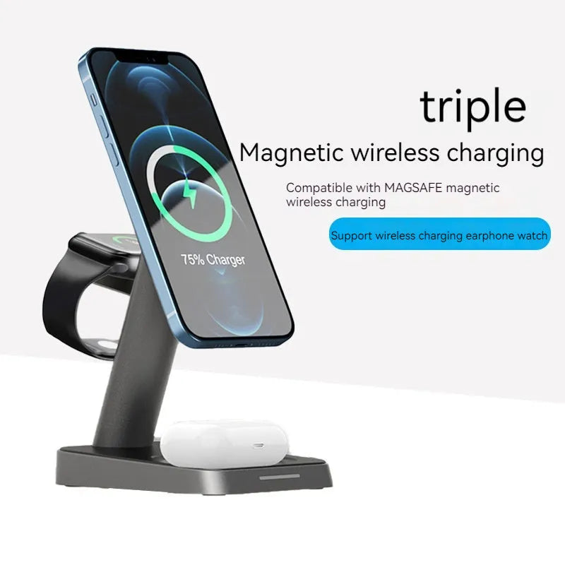 Black minimalist wireless charging station with vertical phone charging and integrated power bank