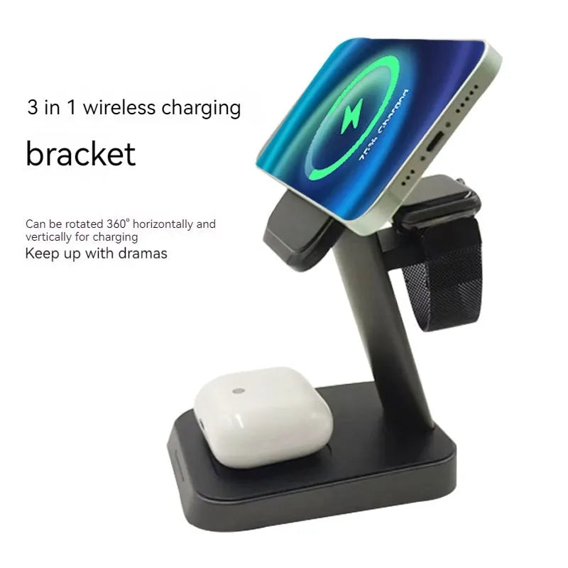 Black minimalist wireless charging station with vertical phone charging and integrated power bank