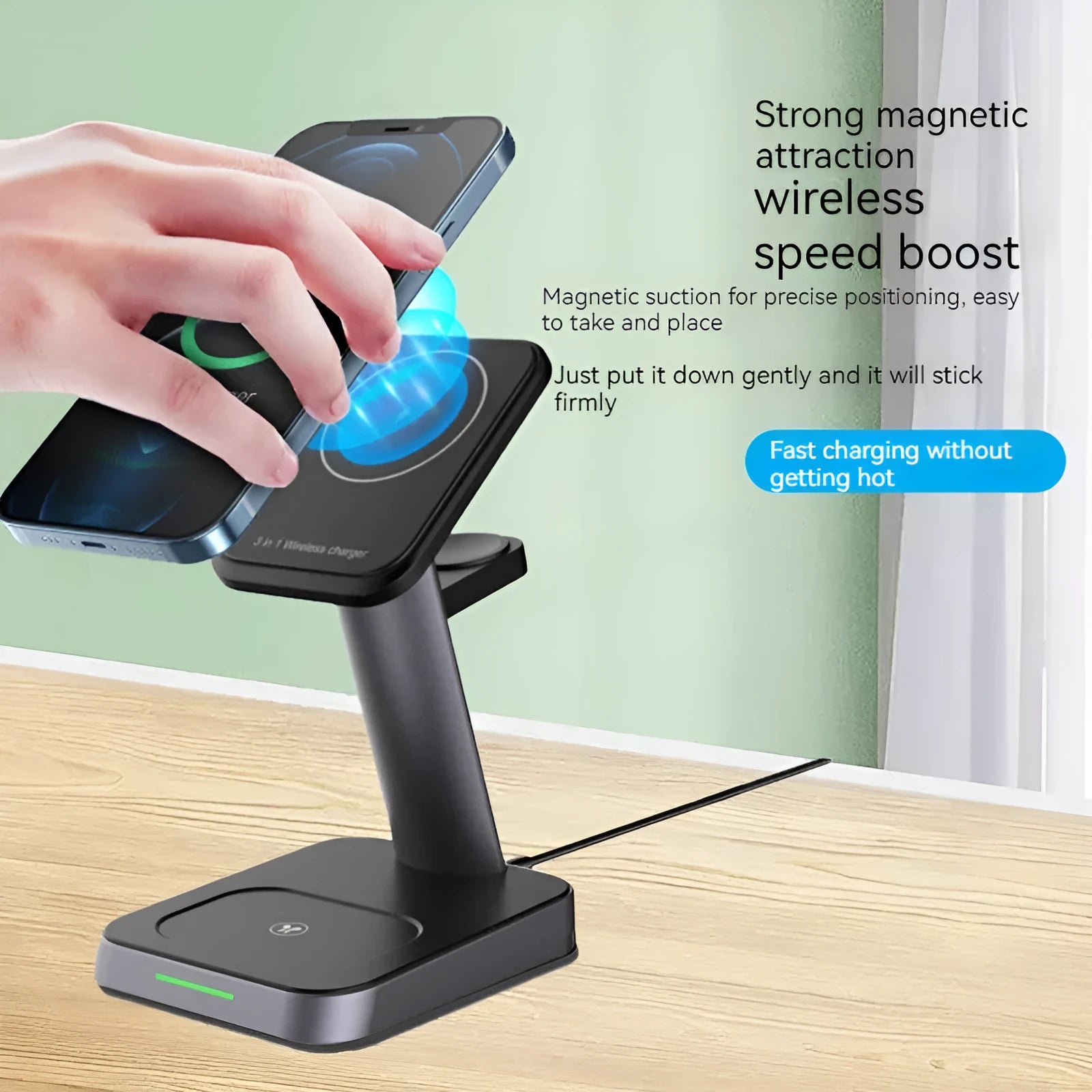 Black minimalist wireless charging station with vertical phone charging and integrated power bank