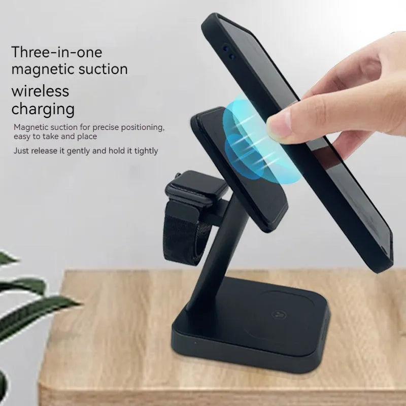 Black minimalist wireless charging station with vertical phone charging and integrated power bank