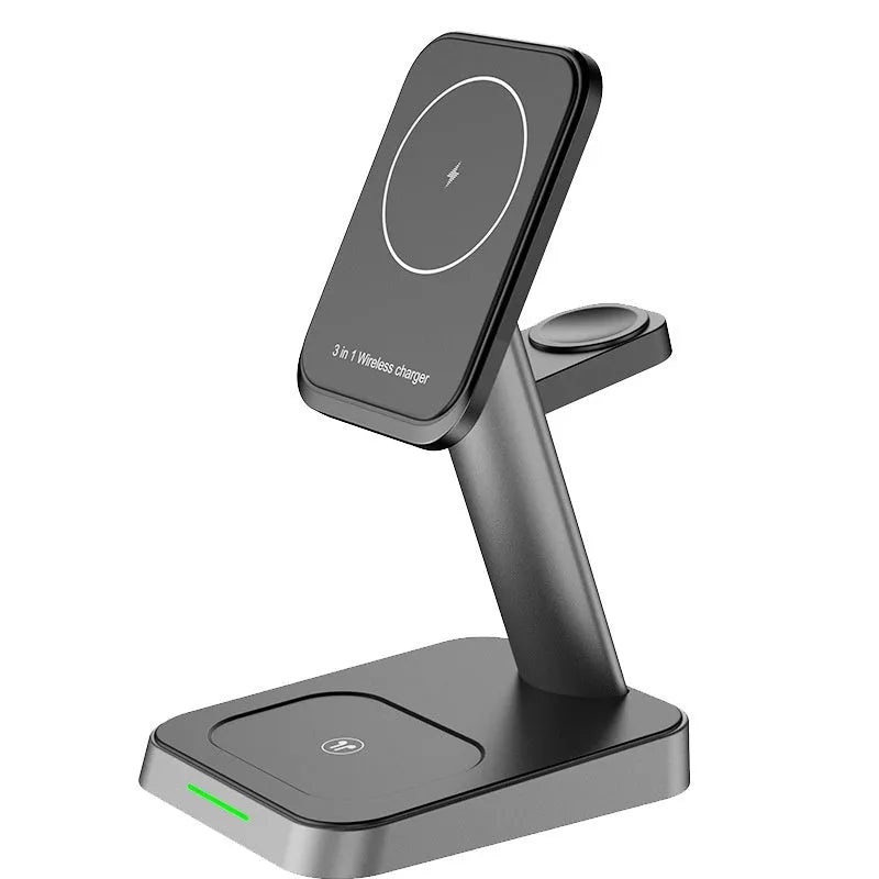 Black minimalist wireless charging station with vertical phone charging and integrated power bank