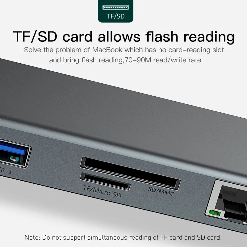 Grey ten-port laptop docking station with integrated cooling bracket showing HDMI, VGA, USB, and Ethernet ports
