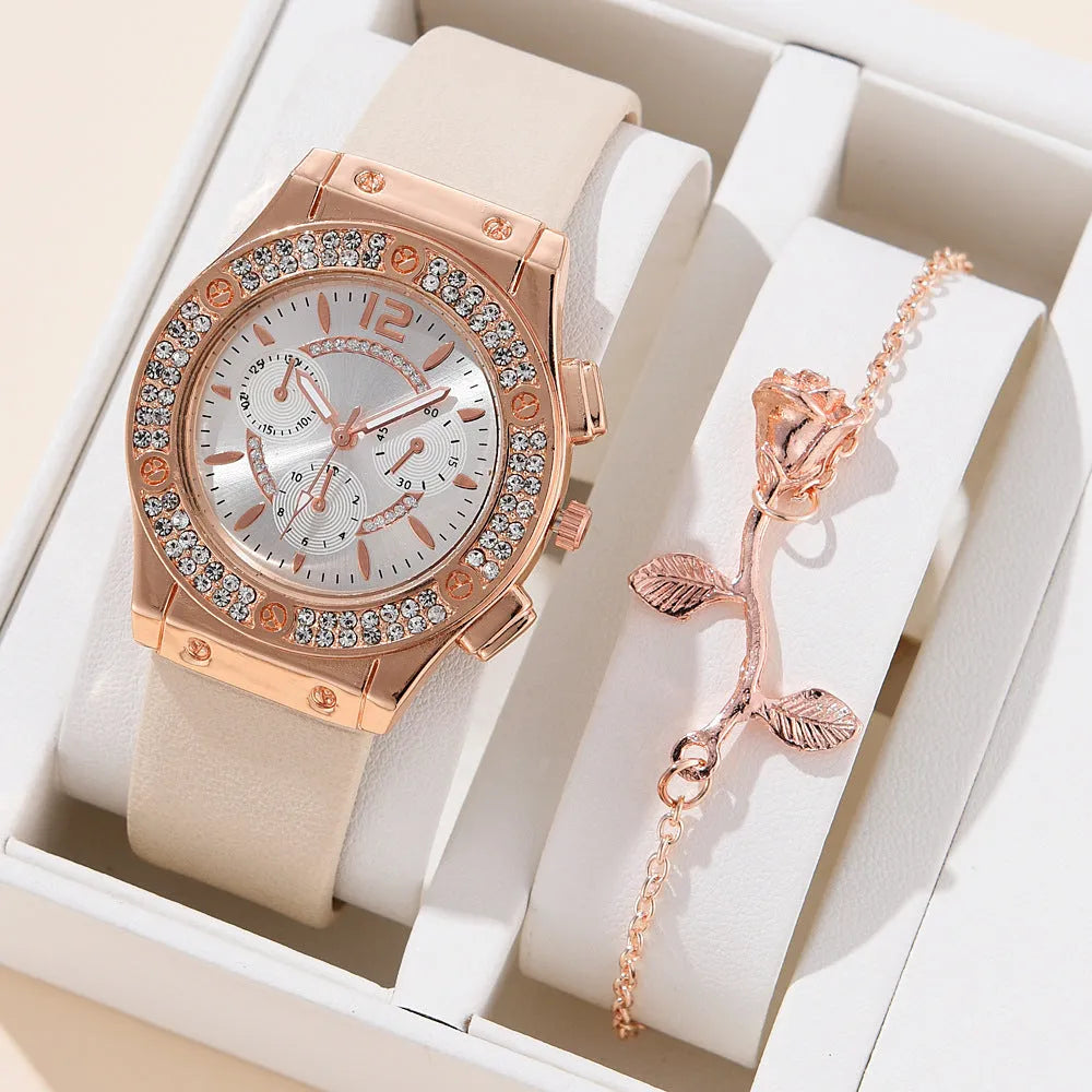 Women's fashion PU strap watch with alloy case and matching bracelet in beige colour