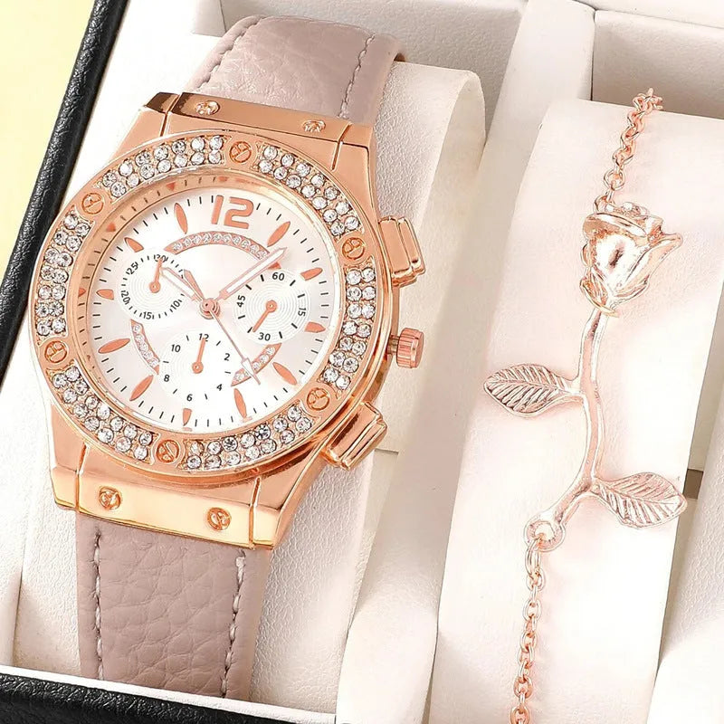 Women's fashion PU strap watch with alloy case and matching bracelet in beige colour