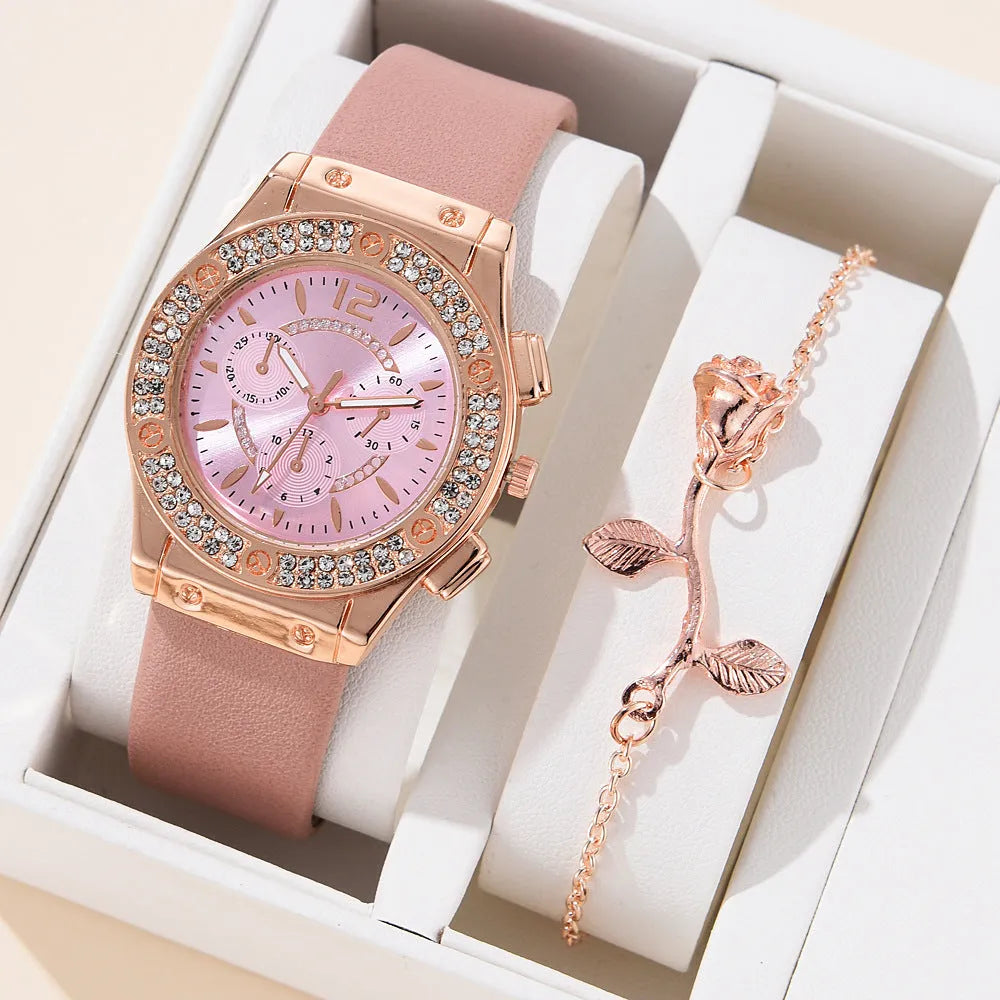 Women's fashion PU strap watch with alloy case and matching bracelet in beige colour