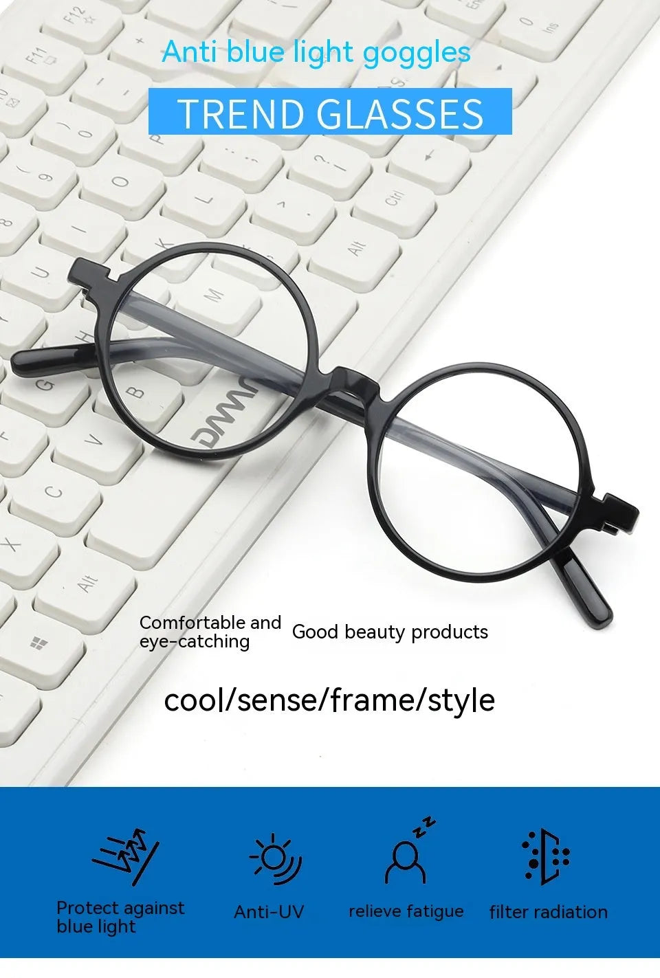 Retro round fashion glasses with circular frames and no diopters in four colour options