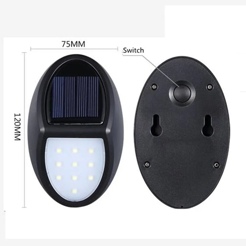 Black solar-powered LED wall light with solar panel and automatic activation
