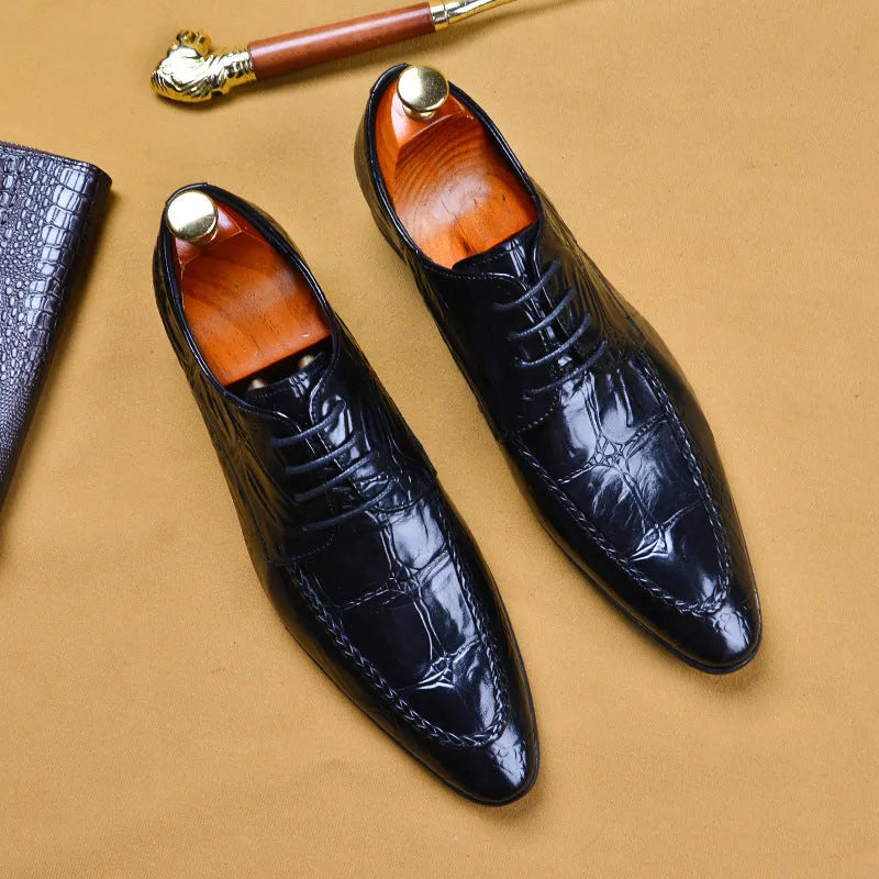 Men's black leather casual shoes with alligator pattern texture and a silver horse bit buckle