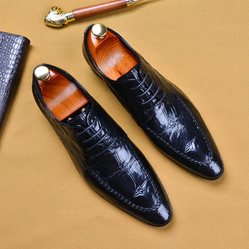 Men's black leather casual shoes with alligator pattern texture and a silver horse bit buckle