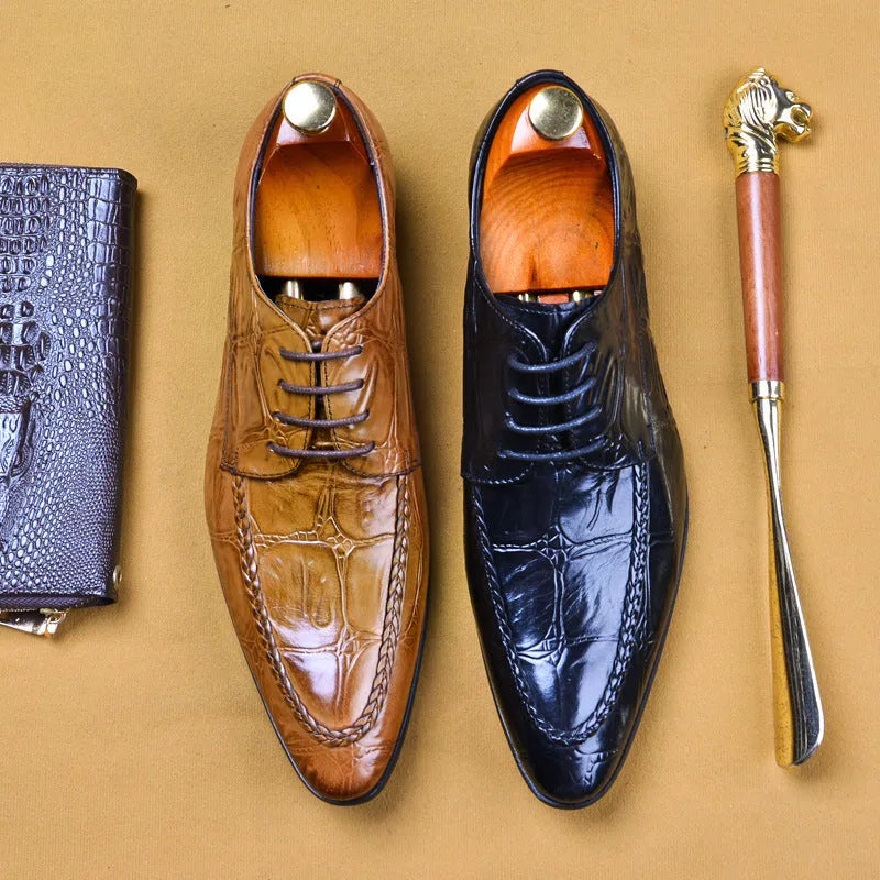 Men's black leather casual shoes with alligator pattern texture and a silver horse bit buckle