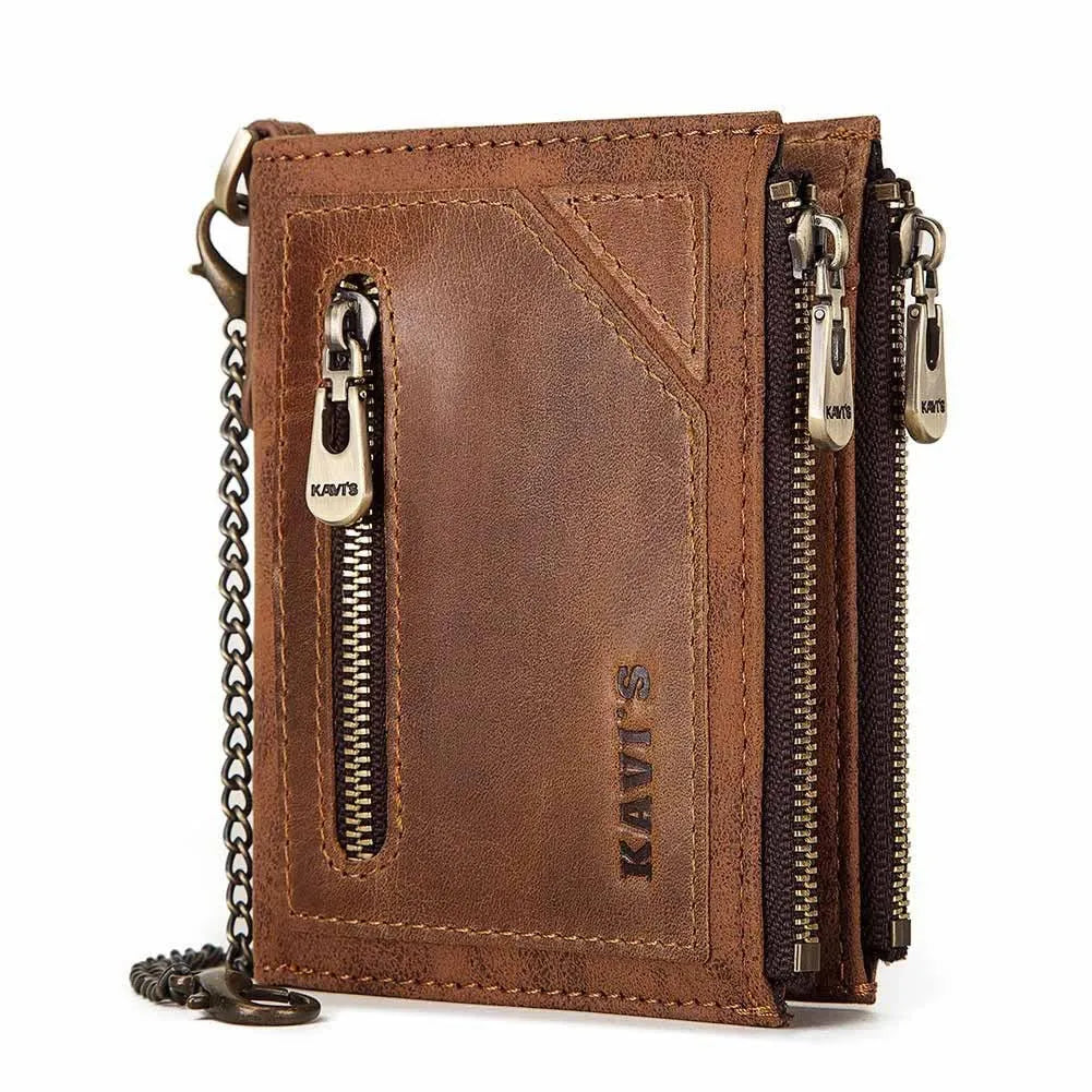 Dark brown men's leather RFID-blocking anti-theft wallet with metal chain