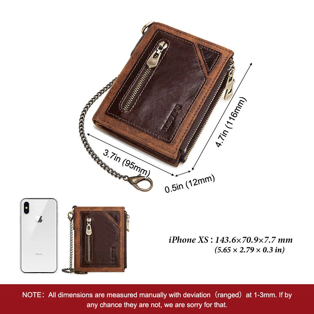 Dark brown men's leather RFID-blocking anti-theft wallet with metal chain