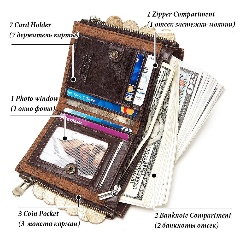 Dark brown men's leather RFID-blocking anti-theft wallet with metal chain