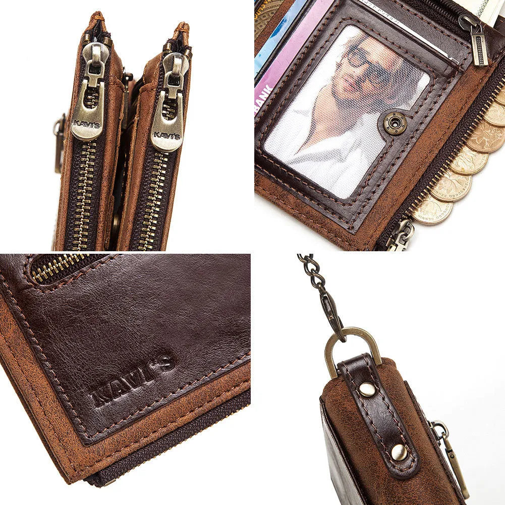 Dark brown men's leather RFID-blocking anti-theft wallet with metal chain
