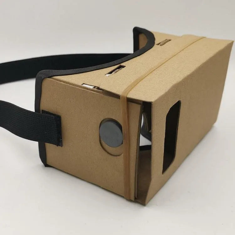 Pink and white cardboard VR glasses for smartphones with head strap and 3D lenses.