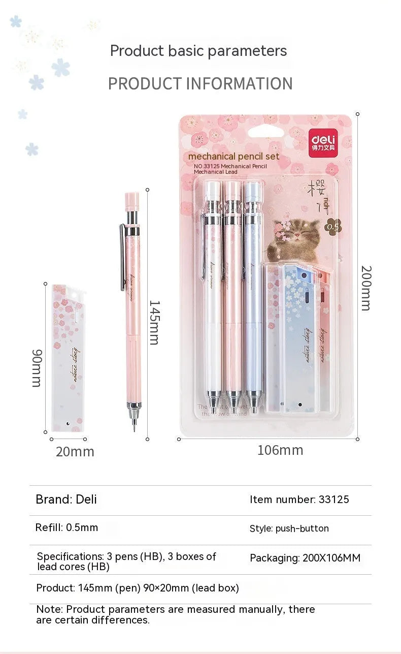 0.5mm automatic pencil set with three mechanical pencils and HB refill boxes