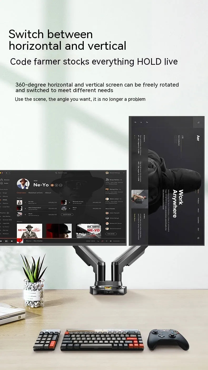 Dual screen lifting monitor desk bracket in a dual-screen colour variant, showing VESA plate compatibility.