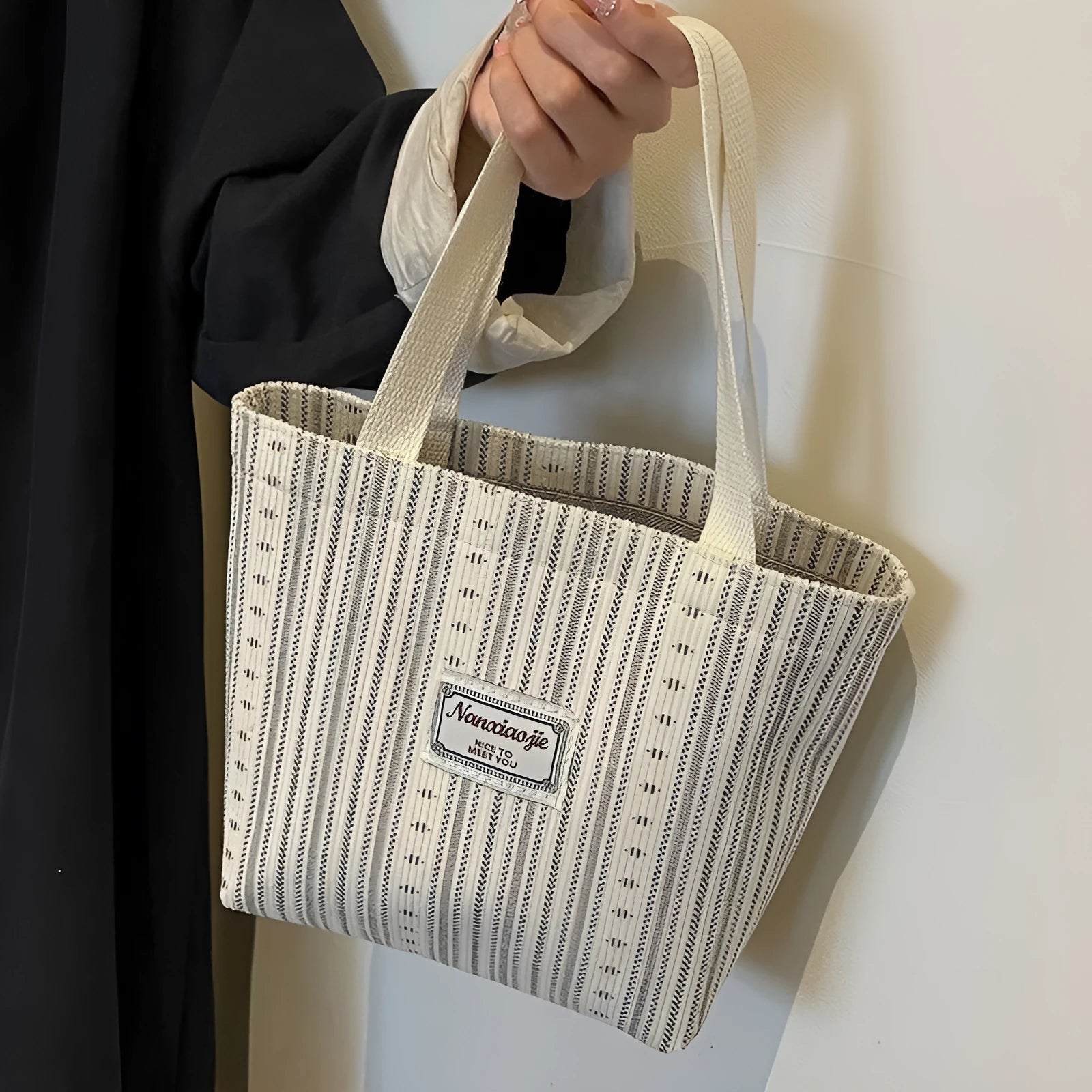 Japanese style corduroy handbag in ivory white, grey or dark brown colours