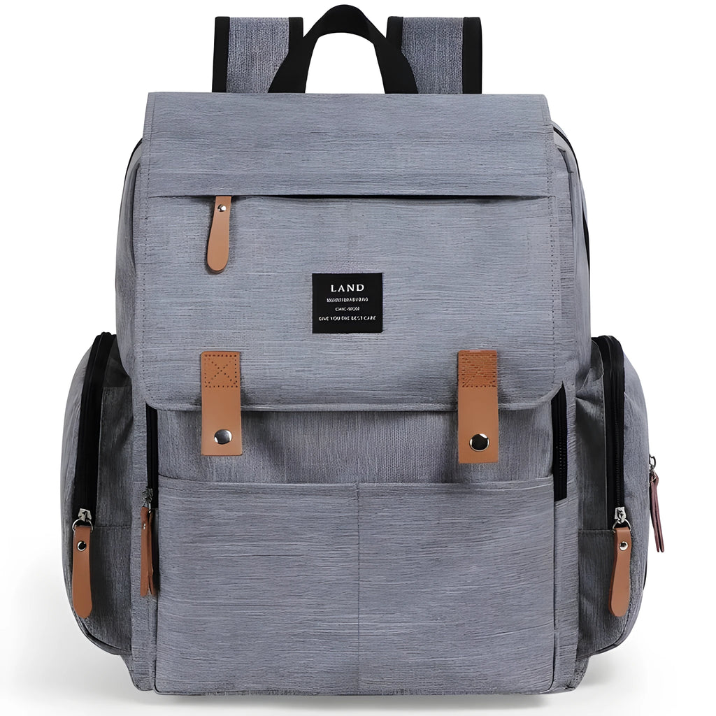 Large Oxford cloth diaper backpack with changing mat in beige colour, dimensions 33x39x15cm