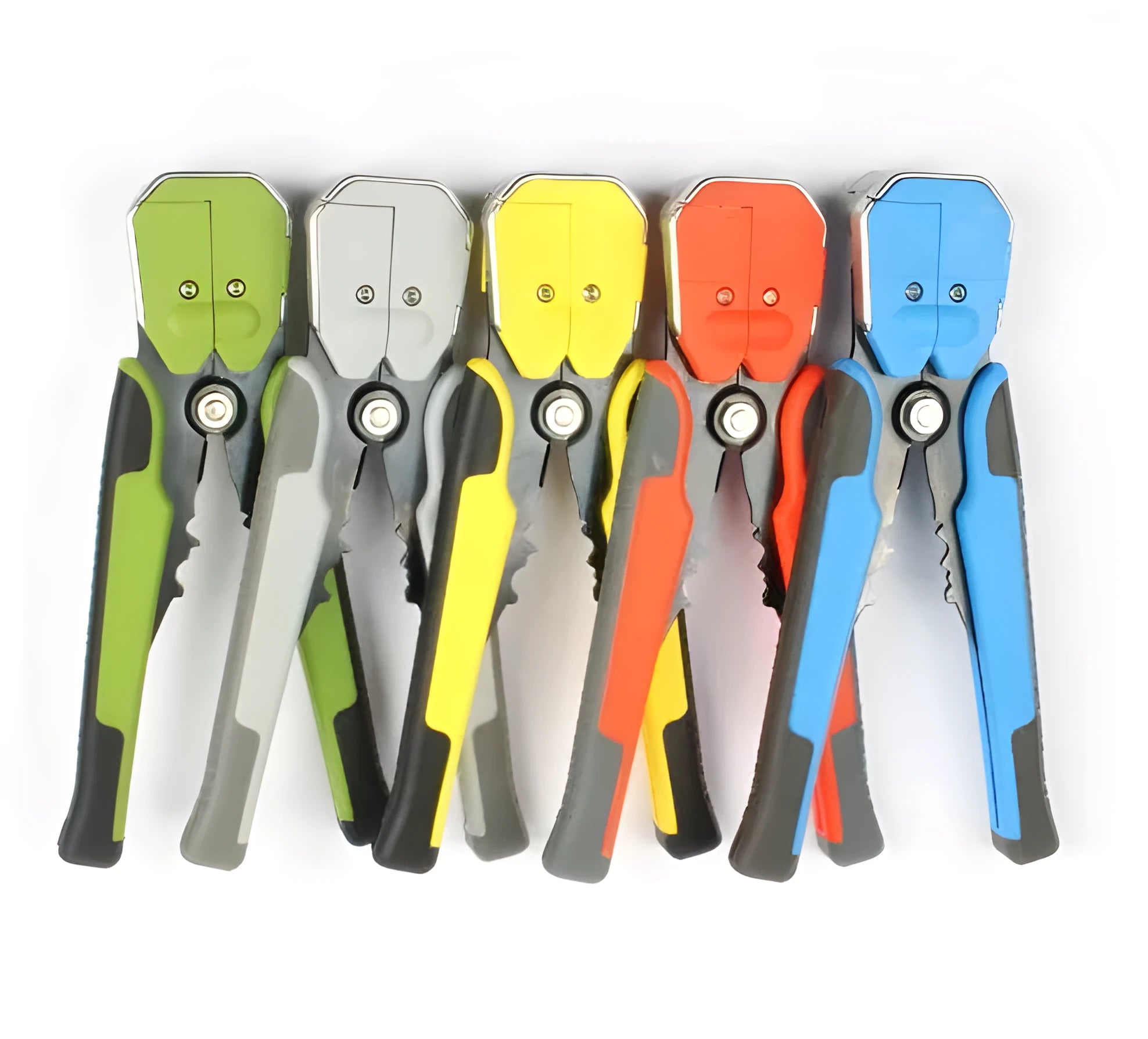 Yellow handheld 3-in-1 automatic wire stripper, crimper, and cutter tool with adjustment screw.
