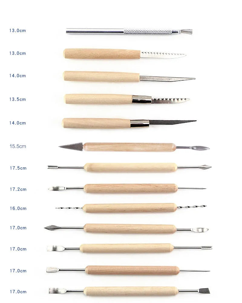 27-piece pottery clay tool set with stainless steel, wood, and plastic tools in a roll-up package