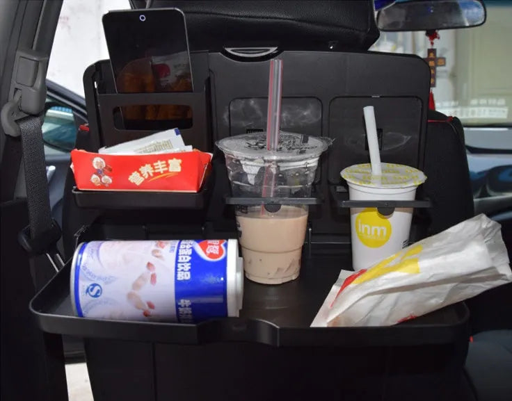 Car back seat folding table in black PP plastic with dimensions 340x200x30mm for holding drinks and phone