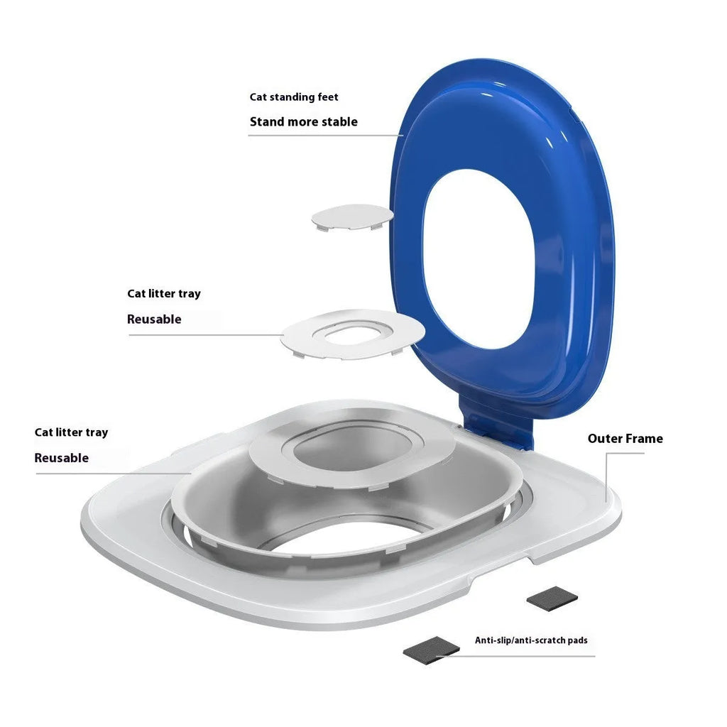 Fifth Generation cat toilet trainer with integrated mat in blue, gray, or green colour.