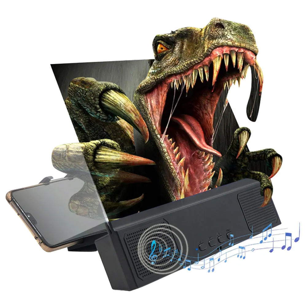 12-inch mobile phone screen amplifier with Bluetooth speaker and 18650 battery on a table.