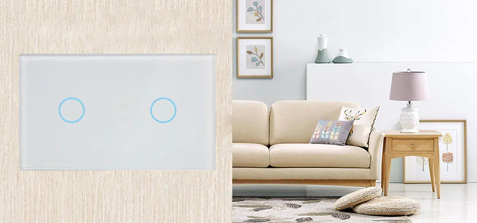 White two-gang RF touch light switch with tempered glass panel shown front on.