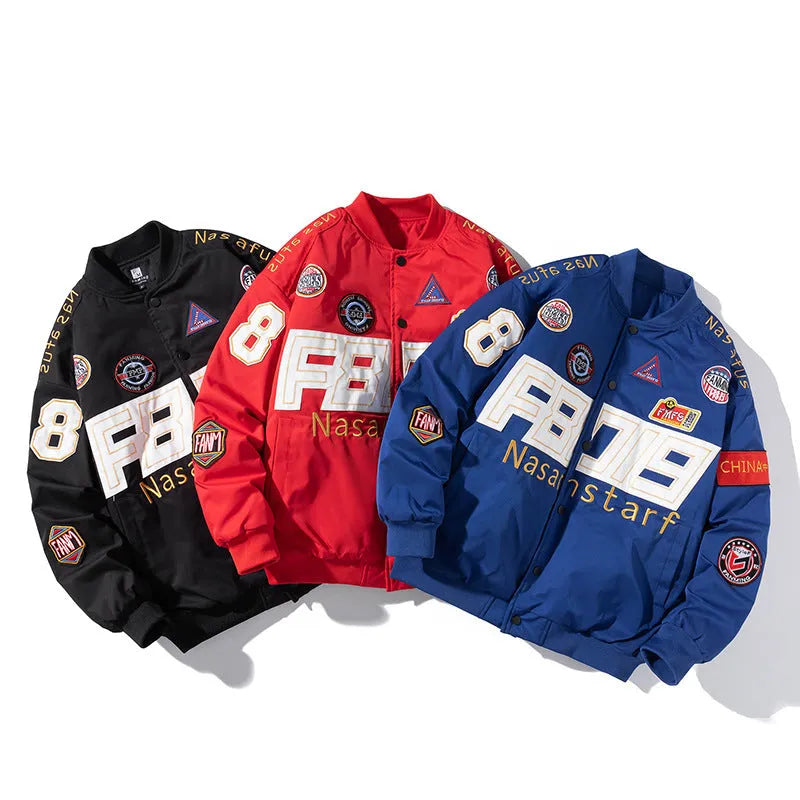 Black motorcycle baseball uniform jacket with removable hood shown in loose fit sizing