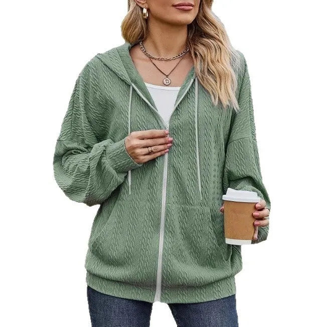 Green women's hooded zipper coat with Korean casual styling and front zipper closure