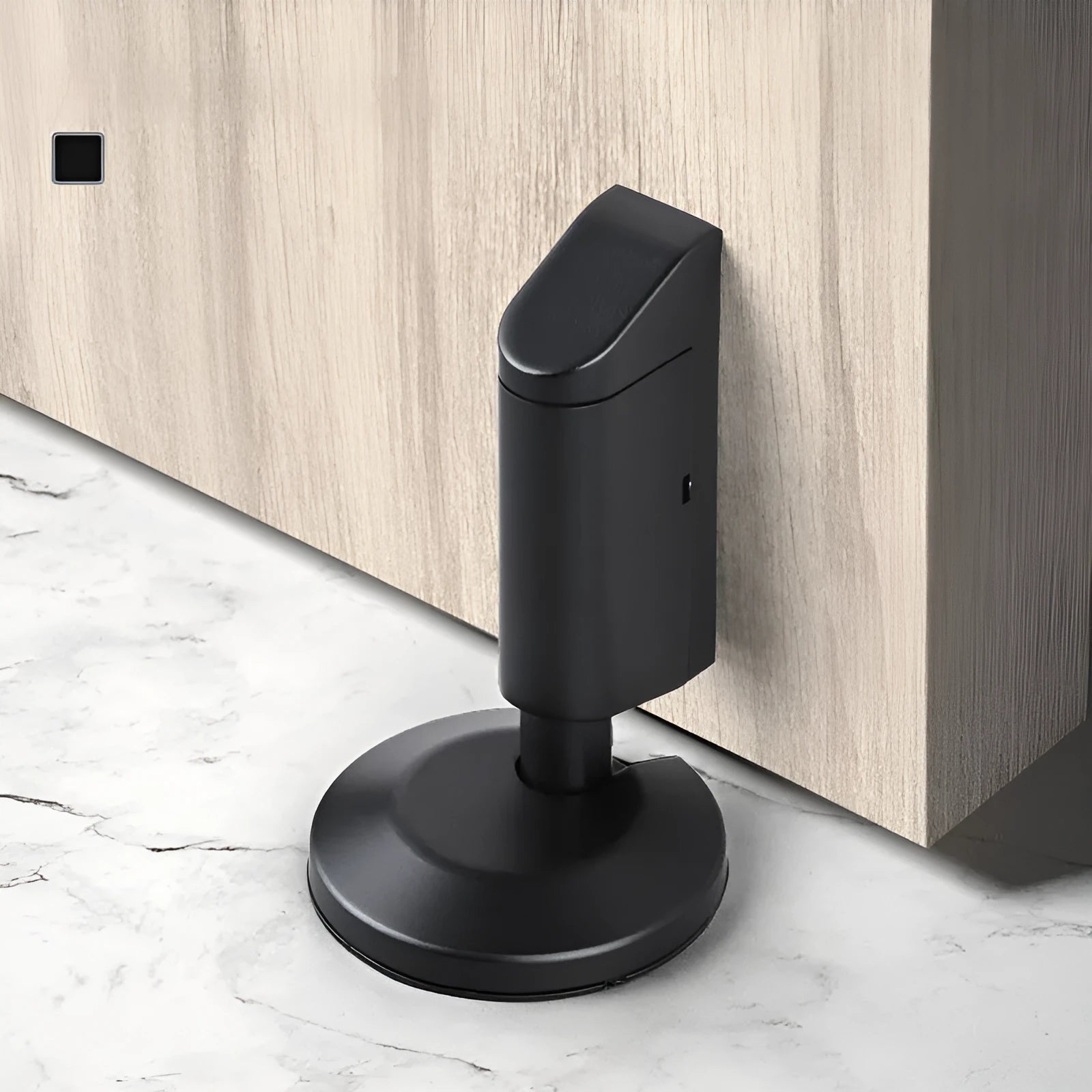 Modern zinc alloy invisible door stopper in brushed nickel finish on a wooden floor.