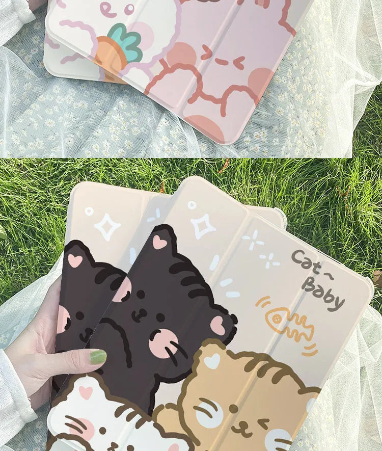 Cartoon style silicone tri-fold protective case for Apple iPad in standing position.