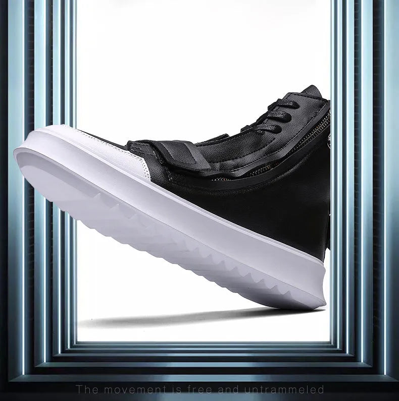 Black and white PU leather men's winter ankle boots in high-top sneaker style with size chart showing measurements from 24.0cm to 26.5cm