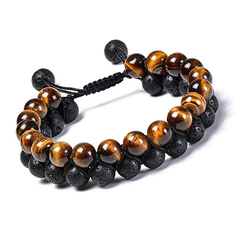 Pair of matte black agate bead bracelets with geometric design for couples.