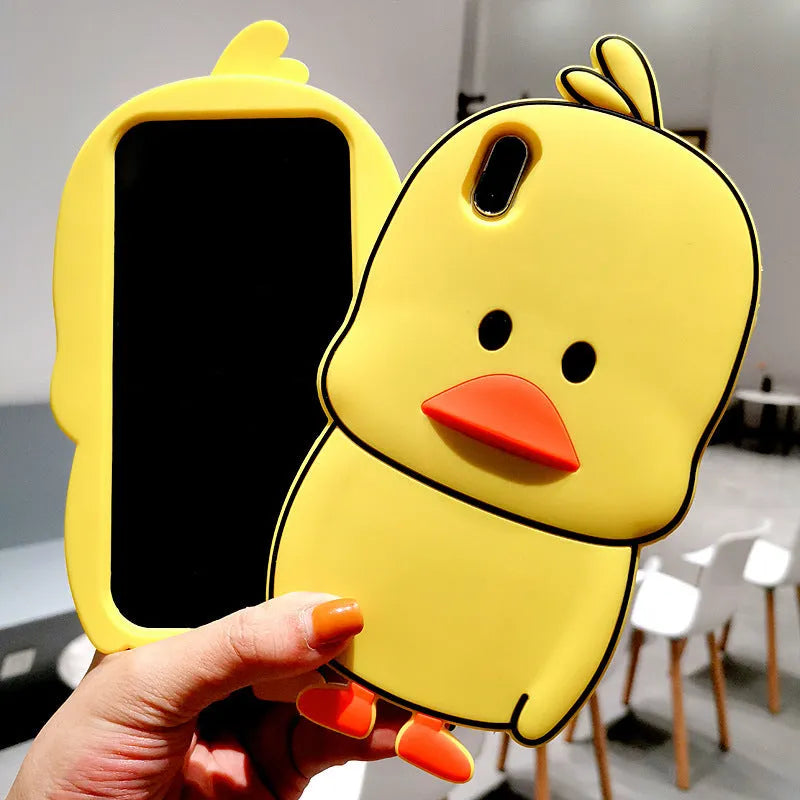 Green silicone iPhone case with cartoon animal design showing drop protection features