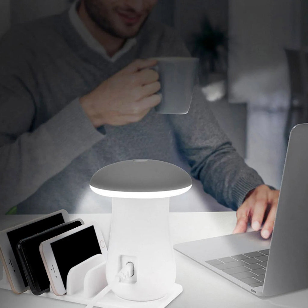 Besegad mushroom-shaped USB charging station with five ports and white LED light
