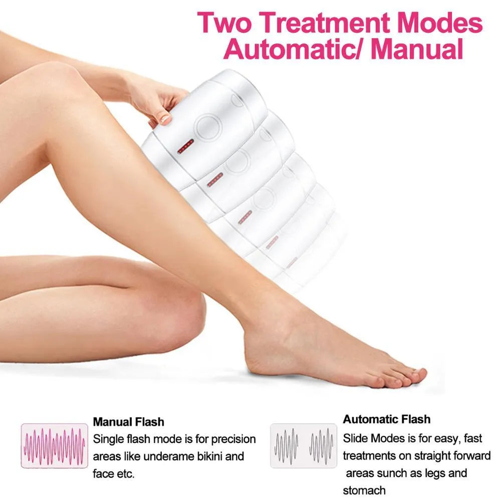 White home laser hair removal device with display screen and power adapter on a plain background.