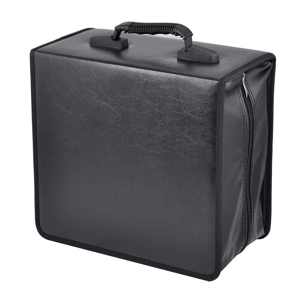 Black Oxford fabric CD DVD storage binder organiser with a hand strap and zipper, showing its capacity for hundreds of discs.