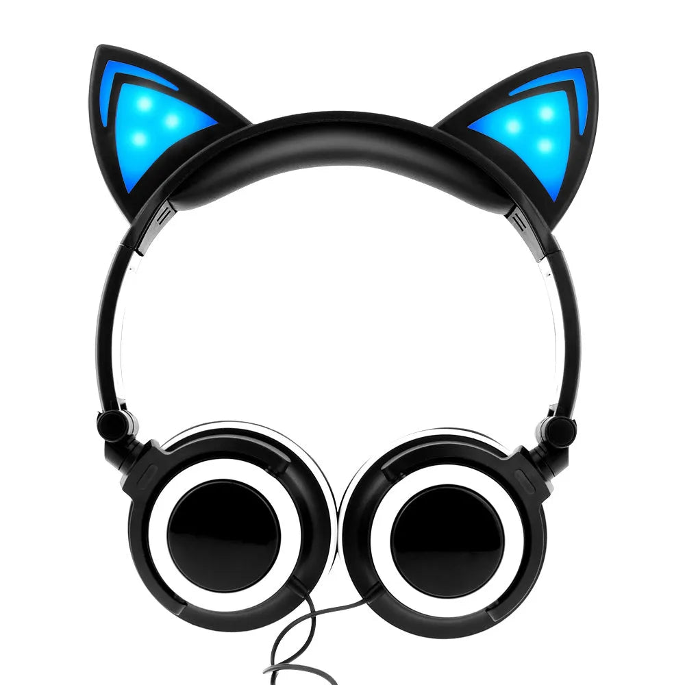 Colourful LED cat ear headphones with glowing ears and cushions, showing 3.5mm plug.