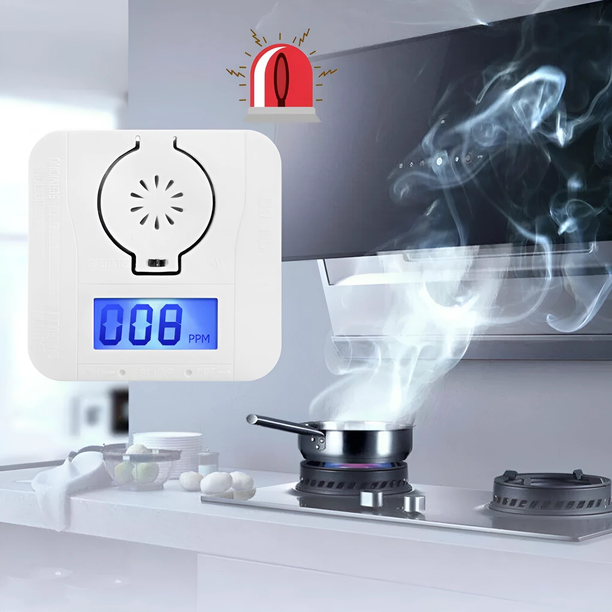 White wall-mounted wireless carbon monoxide alarm for detecting coal stove gas.