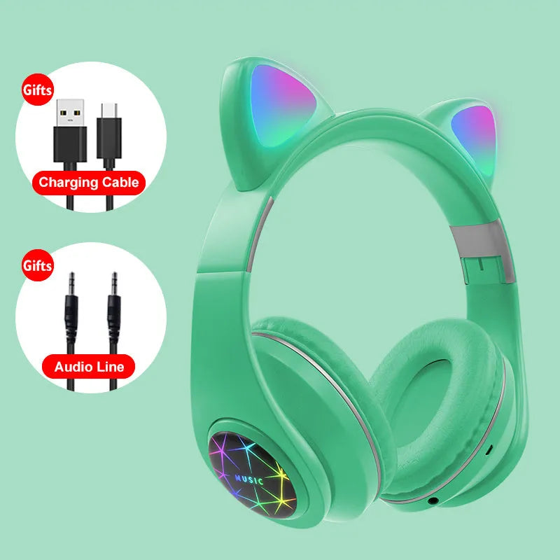 Cat ear wireless sports Bluetooth headset in various colours showing head-mounted design and earpieces