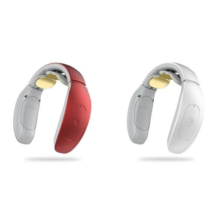 Small intelligent cervical massager in red or white with battery power and multiple massage techniques