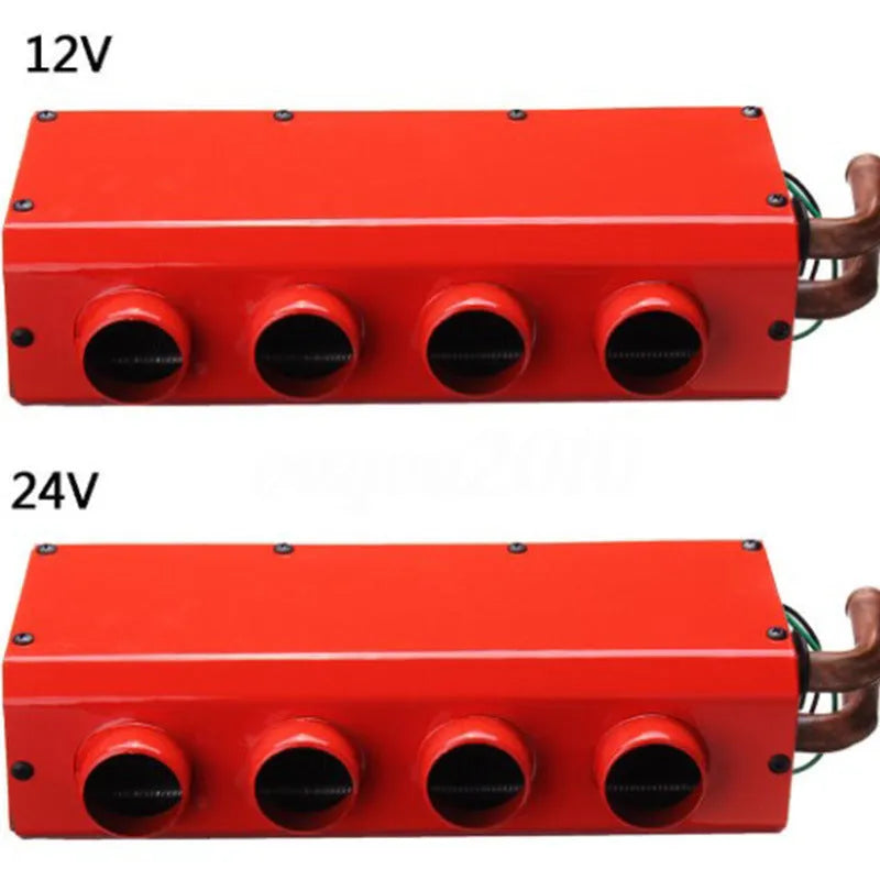 Metal car heater unit with copper pipe connections for 12V and 24V vehicle installation.
