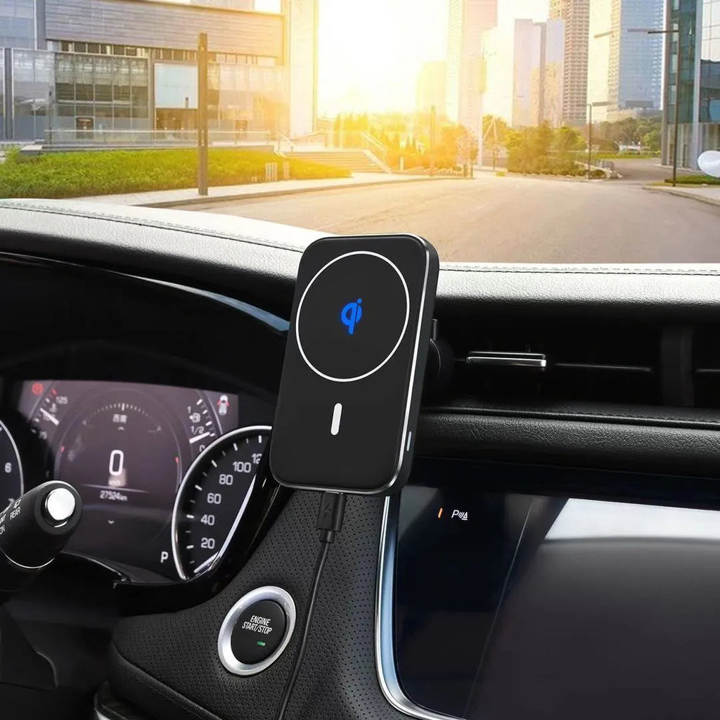 Black M6 magnetic wireless car charger bracket mounted on vehicle dashboard charging smartphone