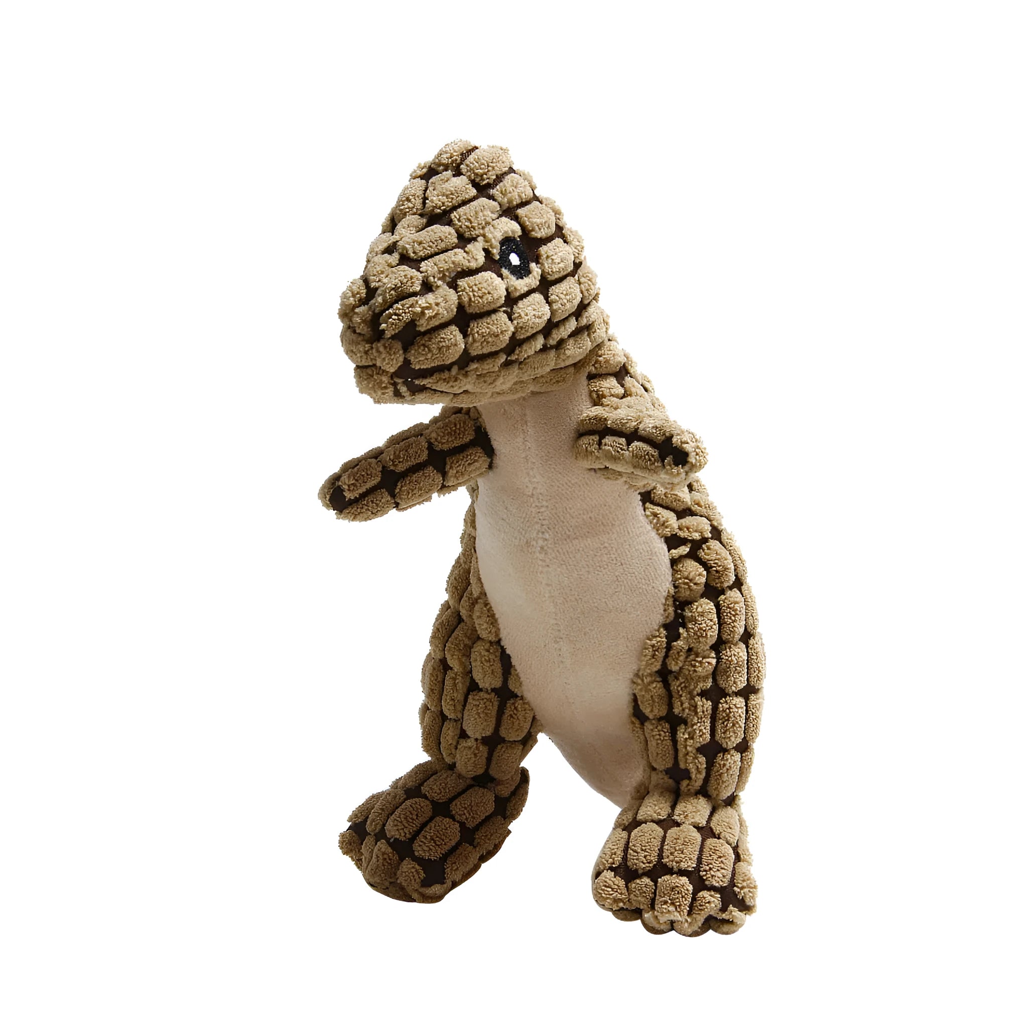 Grey, green, and orange coloured dog chew toy with sound, shown with size scale.