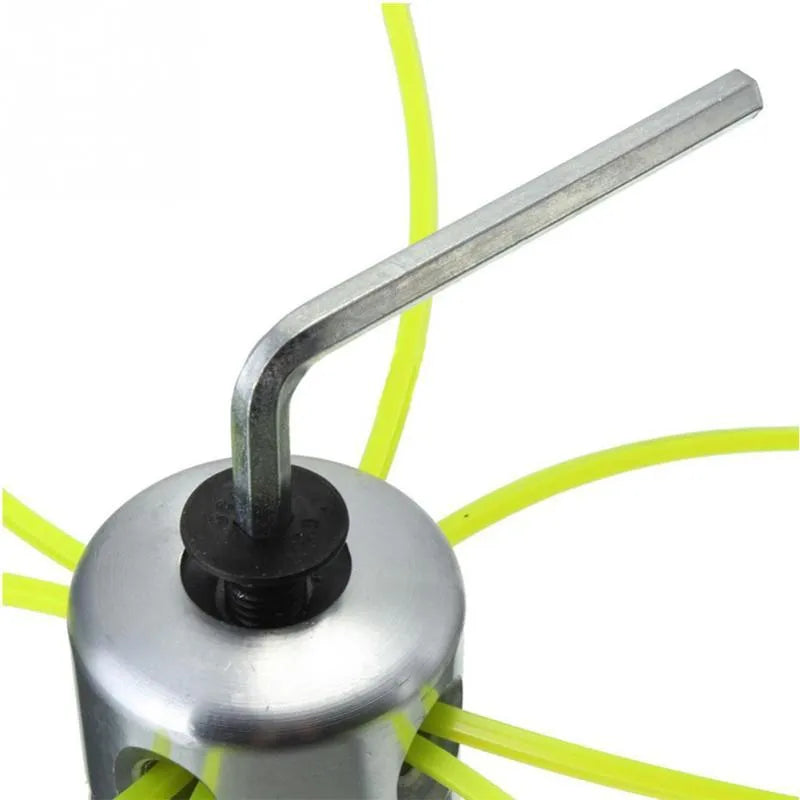 Silver aluminium lawn mower grass head accessory with four light yellow square grass ropes