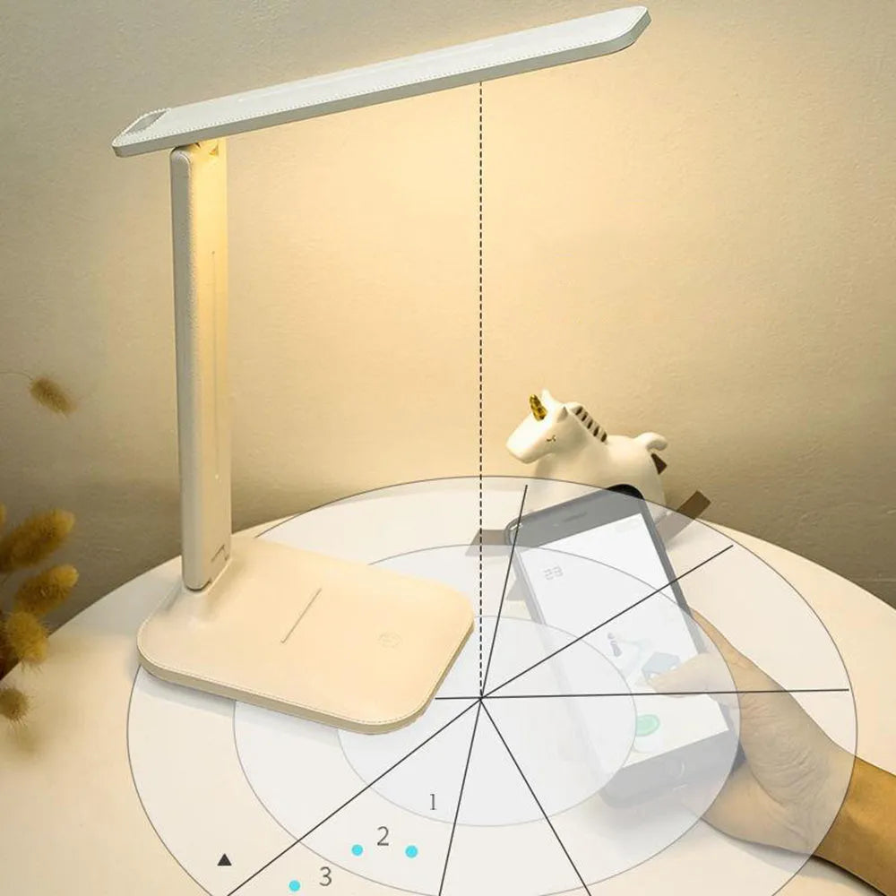 White touch-control bedside lamp with dimming settings for a child's bedroom