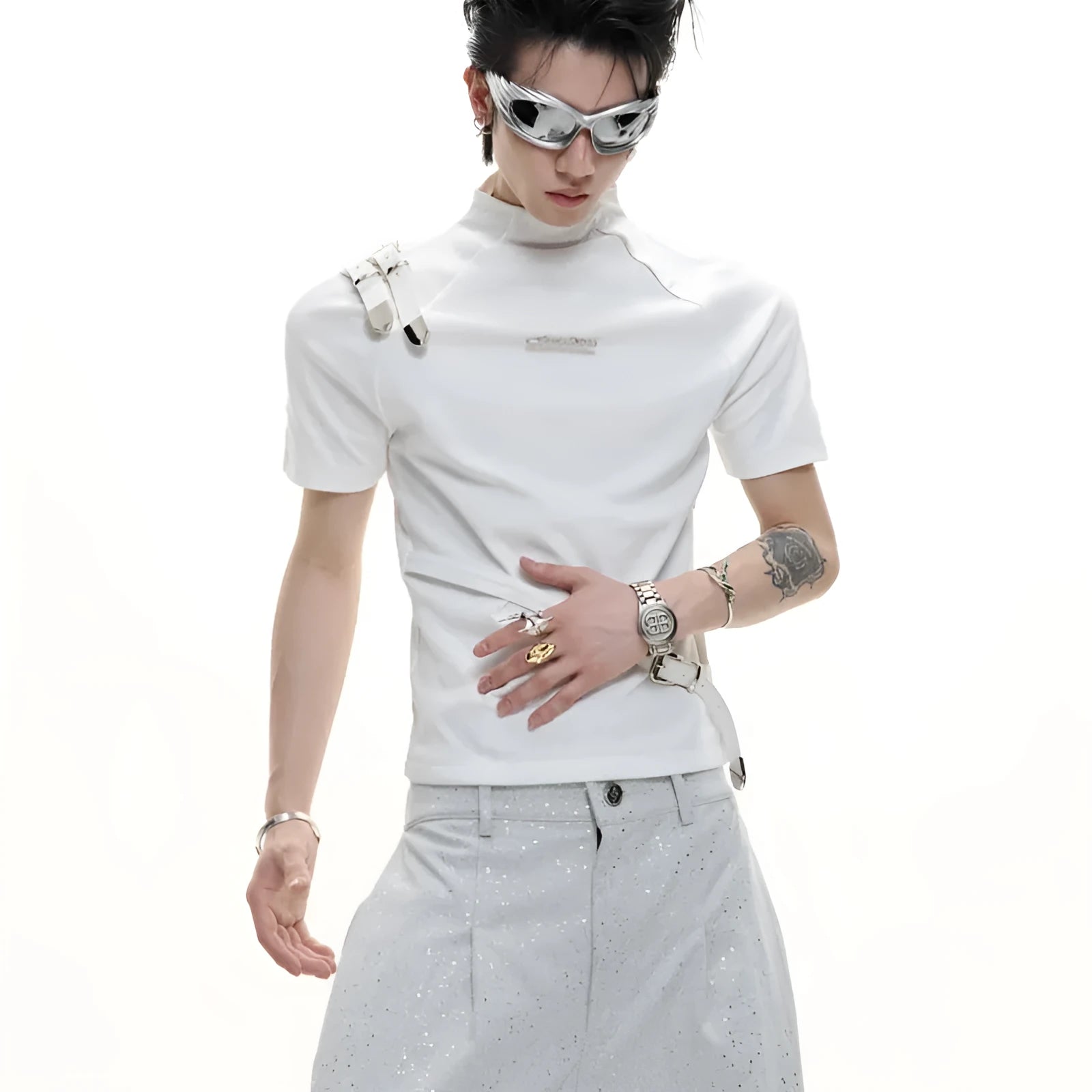 Men's black cotton short-sleeve T-shirt with a stand-up collar and metallic belt detail on a slim fit.