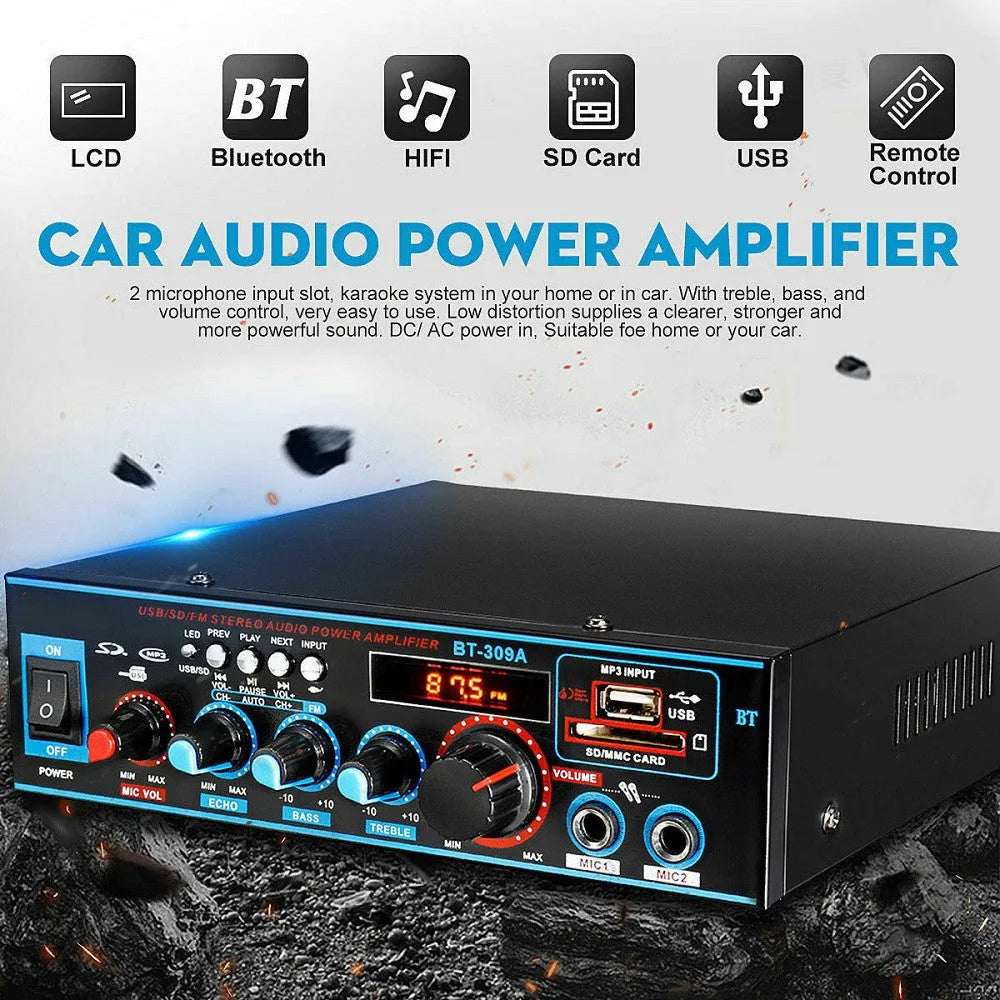 BT-309A-A black Bluetooth amplifier with recording function for home and car use